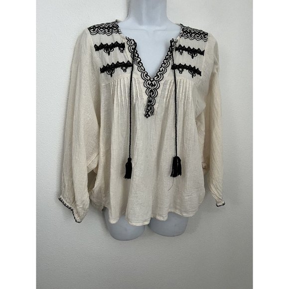 World Market Size Small/ Medium Cream Embroidered Short Sleeve Sheer Blouse - Picture 1 of 6